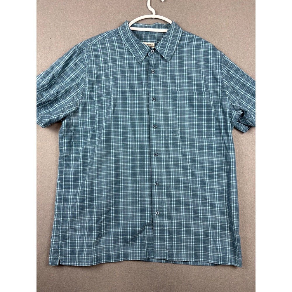 Marmot Mountain Works Mens XL Blue Plaid Short Sleeve Button Down Shirt Hiking